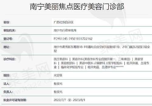 南宁美丽焦点医疗美容医院资质查询表