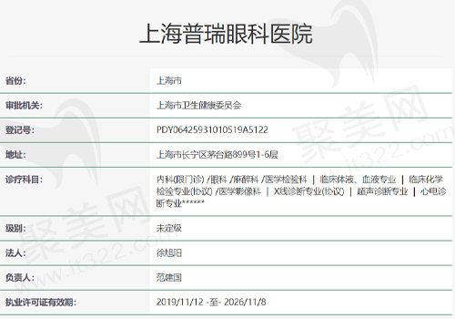 上海普瑞眼科医院资质表