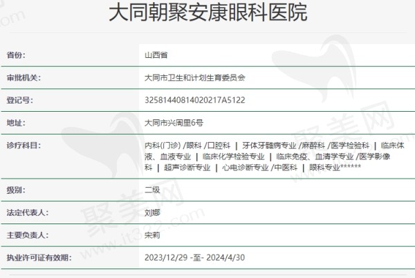 大同朝聚安康眼科医院资质