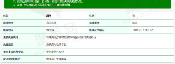 湘潭科凡美医疗美容诊所周刚医生资质信息