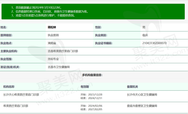 长沙希美蒋松林医生资质信息