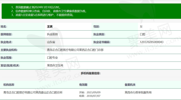 青岛正合口腔王琪资质信息