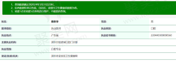 深圳尔睦荟城口腔赖丰华医生资质信息
