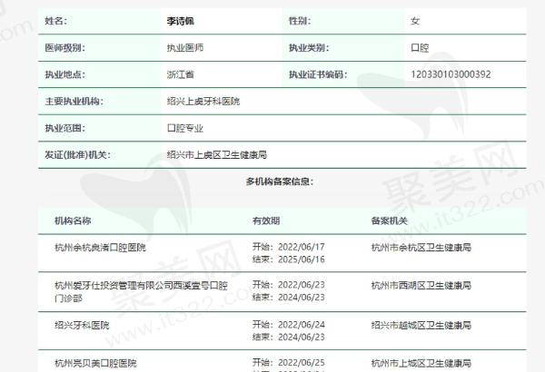 杭州亮贝美口腔医院李诗佩医生资质