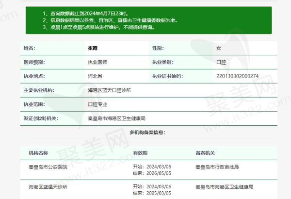 秦皇岛市公安医院口腔科张霞医生资质