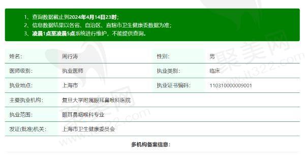 上海五官科医院周行涛资质信息