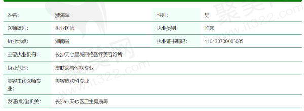 长沙天心星城丽格医美罗海军资质信息