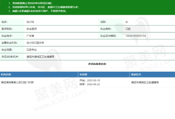清远清城粤美儿牙口腔门诊部刘小玲医生资质