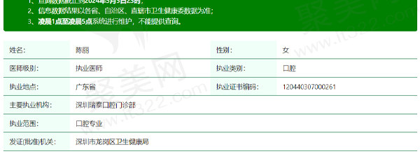 深圳希奥瑞泰口腔陈丽医生资质信息