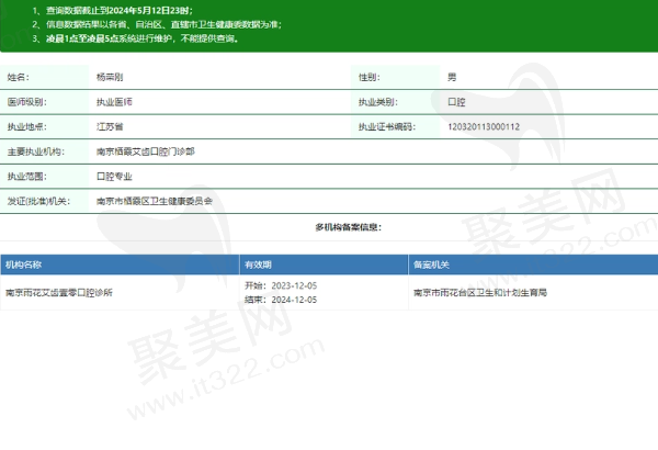 南京雨花艾齿壹零口腔诊所杨荣刚医生资质