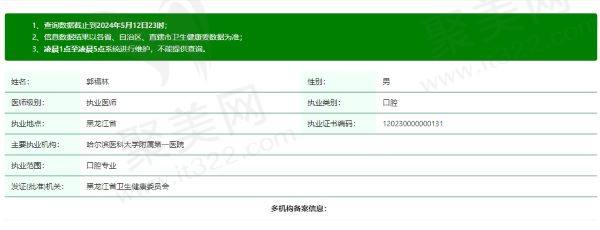 哈尔滨天美尚口腔门诊部郭福林资质信息