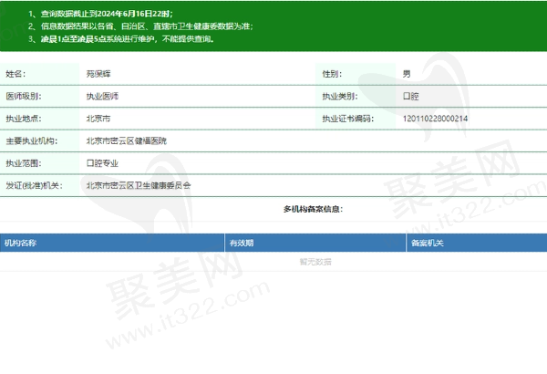 北京密云健福医院（口腔科）苑保辉医生资质