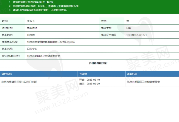 北京大望齿科（大望路店）朱双玉医生资质