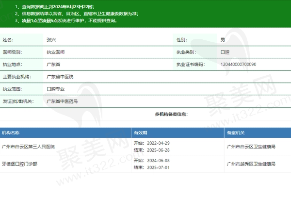 广州牙德堡口腔门诊部张兴医生资质