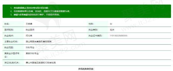 唐山煤医整形美容医院王晓娟医生个人资质