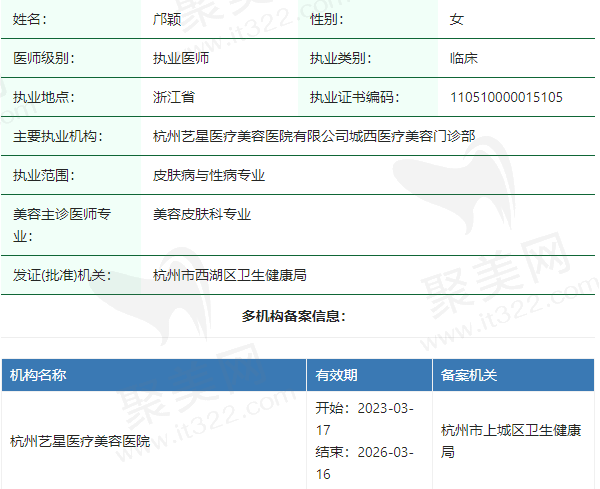 杭州艺星医疗美容医院邝颖医生资质正规