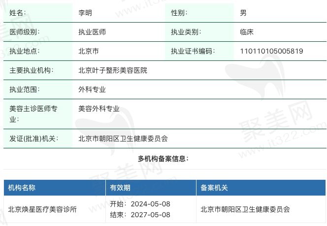 北京叶子整形美容医院李明医生执业信息