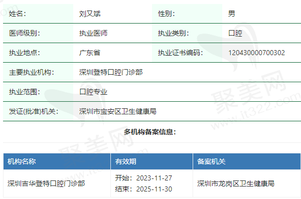 深圳登特口腔门诊部刘又斌医生资质正规