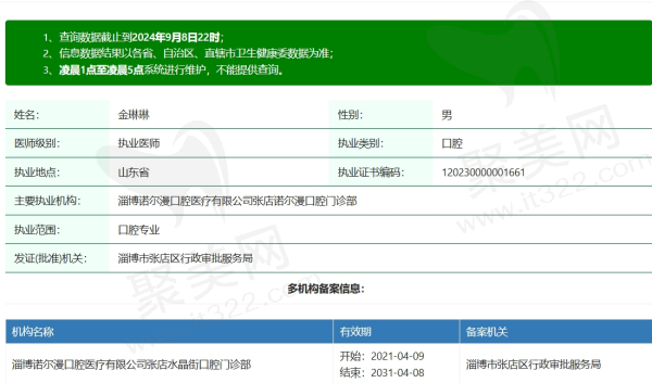 淄博诺尔漫口腔金琳琳资质