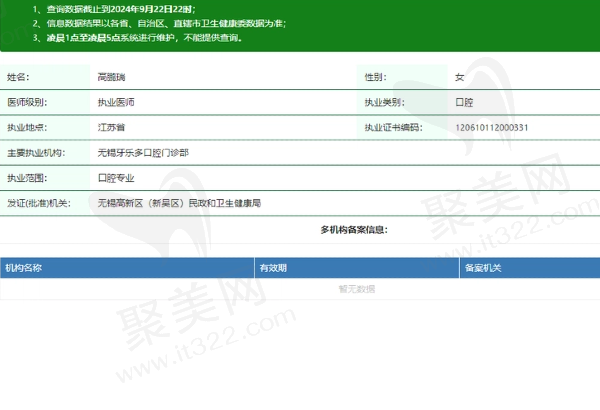 无锡牙乐多口腔门诊部高鹏瑞医生资质