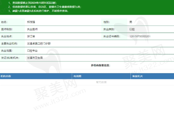 兰溪卓奥口腔门诊部郑茂强医生资质