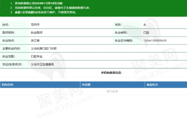 义乌杭惠口腔门诊部范丹丹医生资质