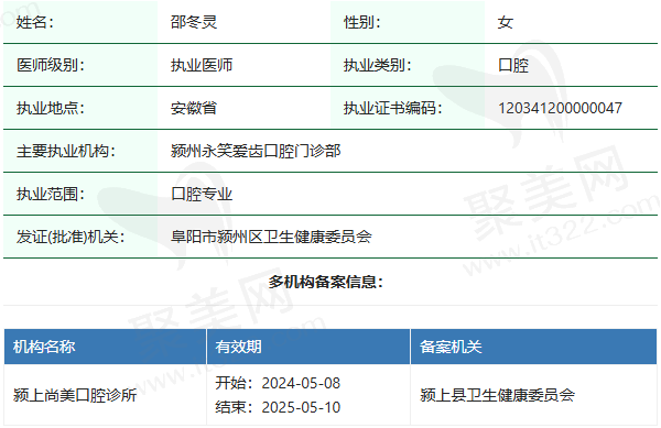 阜阳颍州永笑爱齿口腔门诊部邵冬灵医生资质正规：