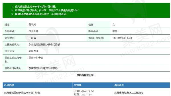 东莞南城知美医疗美容门诊部黄双闻医生个人资质