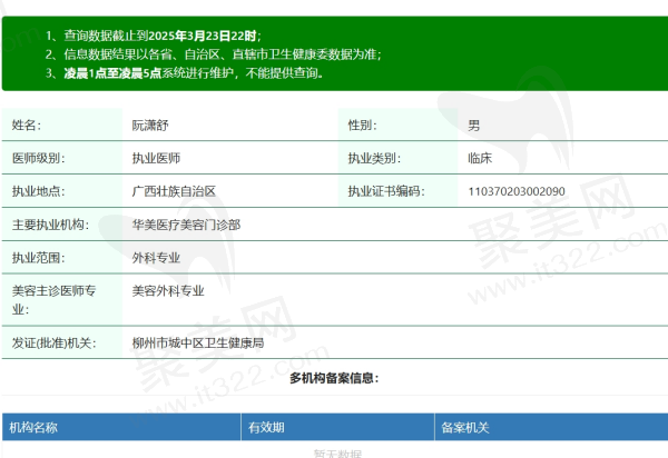 柳州华美阮潇舒医生资质